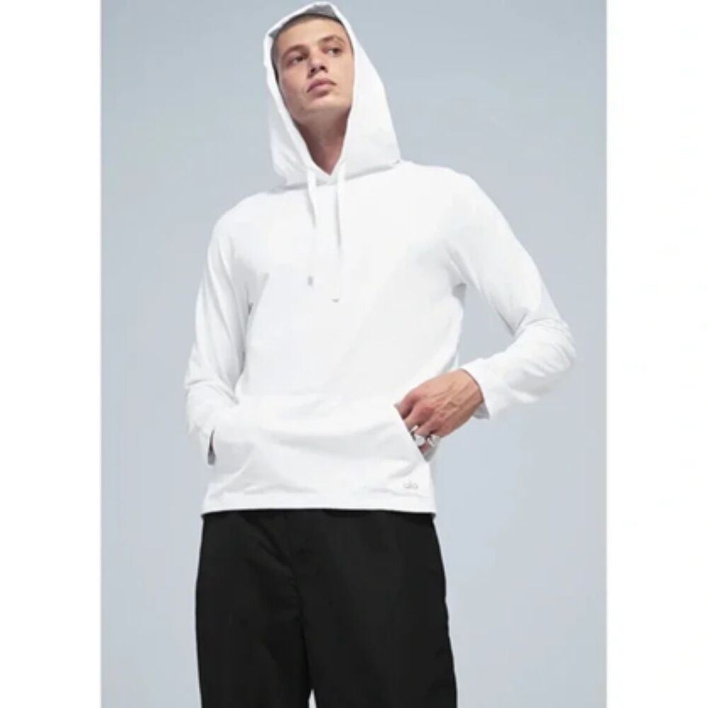 Alo Mens Conquer Hoodie Cover Up White Long Sleeve Size Medium